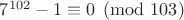 $7^{102} - 1\equiv 0 \pmod{103}$