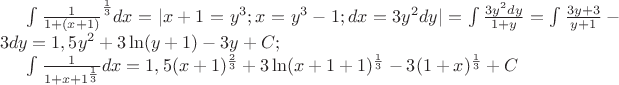 $ \int \frac{1}{1+(x+1)}^\frac {1}{3}dx=|x+1=y^3;x=y^3-1; dx=3y^2 dy| = \int \frac {3y^2 dy}{1+y}=\int \frac {3y+3}{y+1}-3dy=1,5 y^2+3 \ln(y+1)-3y+C; 

\int \frac {1}{1+x+1^\frac {1}{3}}dx=1,5(x+1)^\frac {2}{3}+3\ln(x+1+1)^\frac{1}{3}-3(1+x)^\frac {1}{3}+C$