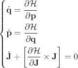 $$
\left\{
\begin{aligned}
&\dot{\mathbf{q}} = \frac{\partial \mathcal{H}}{\partial \mathbf{p}} \\
& \dot{\mathbf{p}} = \frac{\partial \mathcal{H}}{\partial \mathbf{q}} \\
&\dot{\mathbf{J}} + \left [ \frac{\partial \mathcal{H}}{\partial \mathbf{J}} \times \mathbf{J} \right] = 0
\end{aligned}
\right.
$$