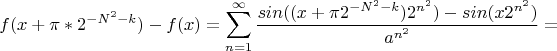 $$f(x+\pi *2^{-N^2-k})-f(x)= \sum\limits_{n=1}^{\infty}{\frac{sin((x+\pi2^{-N^2-k})2^{n^2})-sin(x2^{n^2})}{a^{n^2}}} = $$