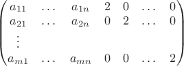 $\left(
\begin{matrix}
a_{11} & \dots & a_{1n} & 2 & 0 & \dots & 0 \\
a_{21} & \dots & a_{2n} & 0 & 2 & \dots & 0 \\
\vdots\\
a_{m1} & \dots & a_{mn} & 0 & 0 & \dots & 2
\end{matrix}\right)$