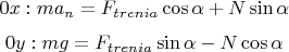 $$0x: ma_n=F_{trenia}\cos \alpha+N\sin \alpha$$
$$0y: mg=F_{trenia}\sin \alpha -N\cos \alpha$$