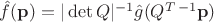 $\hat{f}(\mathbf{p})=|\det Q|^{-1}\hat{g}(Q^{T\,-1}\mathbf{p})$