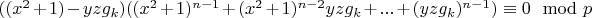 $((x^2+1)-y z g_k)((x^2+1)^{n-1}+(x^2+1)^{n-2} y z g_k+...+(y z g_k)^{n-1}) \equiv 0 \mod p$