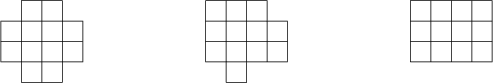 $\tikz[scale=.4]{\draw(1,0)--(1,1)--(0,1)--(0,3)--(1,3)--(1,4)--(3,4)--(3,3)--(4,3)--(4,1)--(3,1)--(3,0)--(1,0);
\draw(1,3)--(3,3);
\draw(0,2)--(4,2);
\draw(1,1)--(3,1);
\draw(1,3)--(1,1);
\draw(2,4)--(2,0);
\draw(3,3)--(3,1);
\draw(11,0)--(11,1)--(10,1)--(10,4)--(13,4)--(13,3)--(14,3)--(14,1)--(12,1)--(12,0)--(11,0);
\draw(10,3)--(13,3);
\draw(10,2)--(14,2);
\draw(11,1)--(12,1);
\draw(11,4)--(11,1);
\draw(12,4)--(12,1);
\draw(13,3)--(13,1);
\draw(20,1)--(20,4)--(24,4)--(24,1)--(20,1);
\draw(20,3)--(24,3);
\draw(20,2)--(24,2);
\draw(21,4)--(21,1);
\draw(22,4)--(22,1);
\draw(23,4)--(23,1);
}$