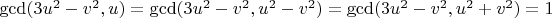 $\gcd(3u^2-v^2,u)=\gcd(3u^2-v^2,u^2-v^2)=\gcd(3u^2-v^2,u^2+v^2)=1$
