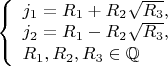 $\left\{
\begin{array}{lcl}
  j_1=R_1+R_2\sqrt{R_3},\\
  j_2=R_1-R_2\sqrt{R_3},\\
  R_1,R_2,R_3\in\mathbb{Q}
\end{array}
\right.$