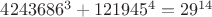 $4243686^3+121945^4=29^{14}$