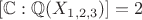 $[\mathbb{C} :\mathbb{Q}(X_{1,2,3})]=2$