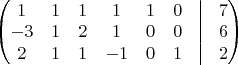 $
\begin{pmatrix}
1&1&1&1&1&0&\vline&7\\
-3&1&2&1&0&0&\vline&6\\
2&1&1&-1&0&1&\vline&2\\
\end{pmatrix}
$