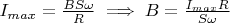 $I_{max}=\frac{BS\omega}{R}\implies B=\frac{I_{max}R}{S\omega}$