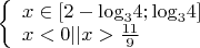 $\[\left\{ \begin{array}{l}
x \in [2 - {\log _3}4;{\log _3}4]\\
x < 0||x > \frac{{11}}{9}
\end{array} \right.\]$