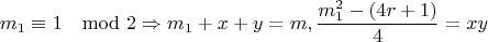 $$m_1\equiv 1\mod 2\Rightarrow m_1+x+y=m, \frac{m_1^2-(4r+1)}{4}=xy$$