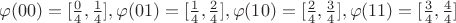 $\varphi (00)=[\frac{0}{4},\frac{1}{4}],\varphi (01)=[\frac{1}{4},\frac{2}{4}],\varphi (10)=[\frac{2}{4},\frac{3}{4}],\varphi (11)=[\frac{3}{4},\frac{4}{4}]$