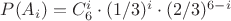$P(A_i)=C^i_6\cdot (1/3)^i\cdot (2/3)^{6-i}$ $P(A_i)=C^i_6\cdot (1/3)^i\cdot (2/3)^{6-i}$