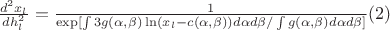 $\frac{d^2 x_l}{dh_l^2}=\frac{1}{\exp[\int 3g(\alpha,\beta)\ln(x_l-c(\alpha,\beta))d\alpha d\beta/\int g(\alpha,\beta)d\alpha d\beta]}\eqno(2)$