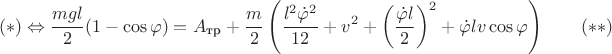 $$(*) \Leftrightarrow \dfrac{mgl}{2}(1-\cos{\varphi})=A_{\text{тр}}+\dfrac{m}{2} \left(\dfrac{l^{2} \dot{\varphi}^{2}}{12} + v^{2}+\left( \dfrac{\dot{\varphi}l}{2} \right)^{2}+\dot{\varphi}lv\cos{\varphi} \right) \qquad (**)$$