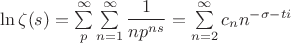 $\ln\zeta(s)= \sum\limits_{p}^{\infty}\sum\limits_{n=1}^{\infty}\dfrac{1}{np^{ns}}=\sum\limits_{n=2}^{\infty}c_n n^{-\sigma-ti}$