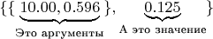 $$\{\{\underbrace{10.00, 0.596}_{\text{Это аргументы}}\}, \underbrace{0.125}_{\text{А это значение}}\}$$