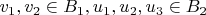 $v_1, v_2 \in B_1, u_1, u_2, u_3 \in B_2$