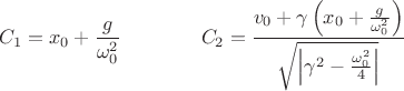 $$C_1=x_0+\frac{g}{\omega_0^2}\qquad\qquad C_2=\frac{v_0+\gamma\left(x_0+\frac{g}{\omega_0^2}\right)}{\sqrt{\left|\gamma^2-\frac{\omega_0^2}{4}\right|}}$$