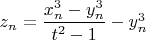 $z_n=\dfrac{x_n^3-y_n^3}{t^2-1}-y_n^3$