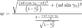 $$
w=\frac{\sqrt{ \frac{(ut\cos\gamma_0-vt)^2}{\left(1-\frac{v^2}{c^2}\right)} +(ut\sin\gamma_0)^2}}
{\frac{t-\frac{vut\cos\gamma_0}{c^2}}{\sqrt{1-\frac{v^2}{c^2}}}}
$$