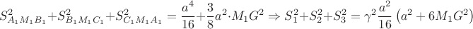 $$S_{A_1M_1B_1}^2+S_{B_1M_1C_1}^2+S_{C_1M_1A_1}^2= \dfrac{a^4}{16}+\dfrac{3}{8}a^2\cdot M_1G^2  \Rightarrow S_1^2+S_2^2+S_3^2= \gamma^2 \dfrac{a^2}{16}  \left( a^2+6M_1G^2  \right)$$