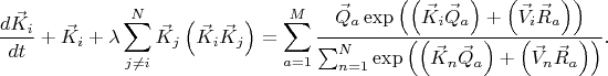 $$
\frac{d \vec{K}_{i}}{d t} + \vec{K}_{i}
+ \lambda \sum_{j \neq i}^{N} \vec{K}_{j} \left( \vec{K}_{i} \vec{K}_{j} \right) = \sum_{a = 1}^{M} 
\frac{ \vec{Q}_{a}
\exp \left( \left(\vec{K}_{i} \vec{Q}_{a} \right) + \left(\vec{V}_{i} \vec{R}_{a} \right) \right)
}{
\sum_{n = 1}^{N}
\exp \left( \left(\vec{K}_{n} \vec{Q}_{a} \right) + \left(\vec{V}_{n} \vec{R}_{a}\right) \right)}.
$$