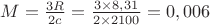 $M=\frac{3R}{2c}=\frac{3\times8,31}{2\times2100}=0,006$