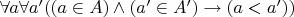 $\forall a \forall a' ((a \in A) \wedge (a' \in A') \rightarrow (a < a'))$