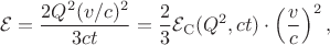 $$\mathcal{E}=\dfrac{2Q^2(v/c)^2}{3ct}=\dfrac{2}{3}\mathcal{E}_\mathrm{C}(Q^2,ct)\cdot\left(\dfrac{v}{c}\right)^2,$$
