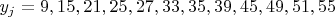 $y_j=9, 15, 21, 25, 27, 33, 35, 39, 45, 49, 51, 55$