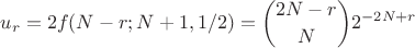 $$u_r = 2f(N-r; N+1, 1/2)= {2N-r \choose N}2^{-2N+r}$$