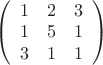 $\left(
 \begin {array} {ccc} 
1 & 2 & 3\\
1 & 5 & 1\\
3 & 1 & 1\\
\end {array}
\right)$