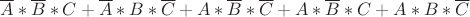 $\overline{A}*\overline{B}*C+\overline{A}*B*\overline{C}+A*\overline{B}*\overline{C}+A*\overline{B}*C+A*B*\overline{C}$