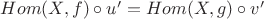 $Hom(X,f) \circ u' = Hom(X,g) \circ v'$
