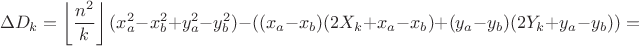 $$\Delta D_k=\left\lfloor\frac{n^2}k\right\rfloor(x_a^2-x_b^2+y_a^2-y_b^2)-((x_a-x_b)(2X_k+x_a-x_b)+(y_a-y_b)(2Y_k+y_a-y_b))=$$