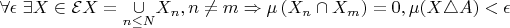 $\forall \epsilon \text{  }\exists X\in \mathcal{E} X=\underset{n \leq  N}{\cup }X_n,n\neq m\Rightarrow \mu \left(X_n\cap X_m\right)=0,\mu (X \triangle  A)<\epsilon $