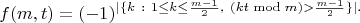 $$f(m,t) = (-1)^{| \{k\ :\ 1\leq k\leq \frac{m-1}{2},\ (kt\bmod m)>\frac{m-1}{2}\}|.$$