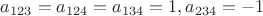$a_{123}=a_{124}=a_{134}=1, a_{234}=-1$