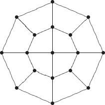 \begin{xy}
(0,0)*{\bullet};
(20,0)*{\bullet};(14,14)*{\bullet};(0,20)*{\bullet};(-14,14)*{\bullet};(-20,0)*{\bullet};(-14,-14)*{\bullet};(0,-20)*{\bullet};(14,-14)*{\bullet};
(10,0)*{\bullet};(7,7)*{\bullet};(0,10)*{\bullet};(-7,7)*{\bullet};(-10,0)*{\bullet};(-7,-7)*{\bullet};(0,-10)*{\bullet};(7,-7)*{\bullet};
(0,20);(0,-20)**@{-};(14,14);(7,7);**@{-};(-14,-14);(-7,-7)**@{-};(-14,14);(-7,7);**@{-};(-14,14);(-7,7)**@{-};(14,-14);(7,-7);**@{-};
(20,0)\PATH~={**\dir{-}}'(14,14)'(0,20)'(-14,14)'(-20,0)'(-14,-14)'(0,-20)'(14,-14)'(20,0)'(10,0)'(7,7)'(0,10)'(-7,7)'(-10,0)'(-7,-7)'(0,-10)'(7,-7)'(10,0)(-20,0);
\end{xy}