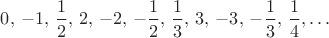 $0,\,-1,\,\dfrac{1}{2},\,2,\,-2,\,-\dfrac{1}{2},\,\dfrac{1}{3},\,3,\,-3,\,-\dfrac{1}{3},\,\dfrac{1}{4},\ldots$