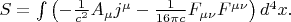 $S=\int\left(-\tfrac{1}{c^2}A_\mu j^\mu-\tfrac{1}{16\pi c}F_{\mu\nu}F^{\mu\nu}\right)d^4x.$