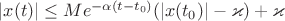 $|x(t)| \leq M e^{-\alpha(t-t_{0})}(|x(t_{0})|-\varkappa)+\varkappa$