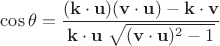 $\cos\theta=\dfrac{(\mathbf k\cdot \mathbf u)(\mathbf v\cdot \mathbf u)-\mathbf k\cdot\mathbf v}{\mathbf k\cdot \mathbf u\;\sqrt{(\mathbf v\cdot \mathbf u)^2-1}}$