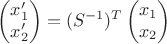 $$\begin{pmatrix}x'_1 \\ x'_2\end{pmatrix} = (S^{-1})^T \begin{pmatrix}x_1 \\ x_2\end{pmatrix}$$