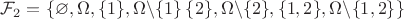 $\mathcal{F}_2=\{\varnothing, \Omega, \{1\}, \Omega\backslash\{1\}\, \{2\}, \Omega\backslash\{2\}, \{1,2\}, \Omega\backslash\{1,2\}\}$