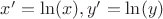 $x'=\ln(x) , y'=\ln(y) $