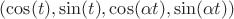 $(\cos(t), \sin(t), \cos(\alpha t), \sin(\alpha t))$
